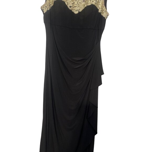 Elegant SL Fashions Black Maxi Dress With Gold Embellished Lace Bodice & Draped - Picture 3 of 8